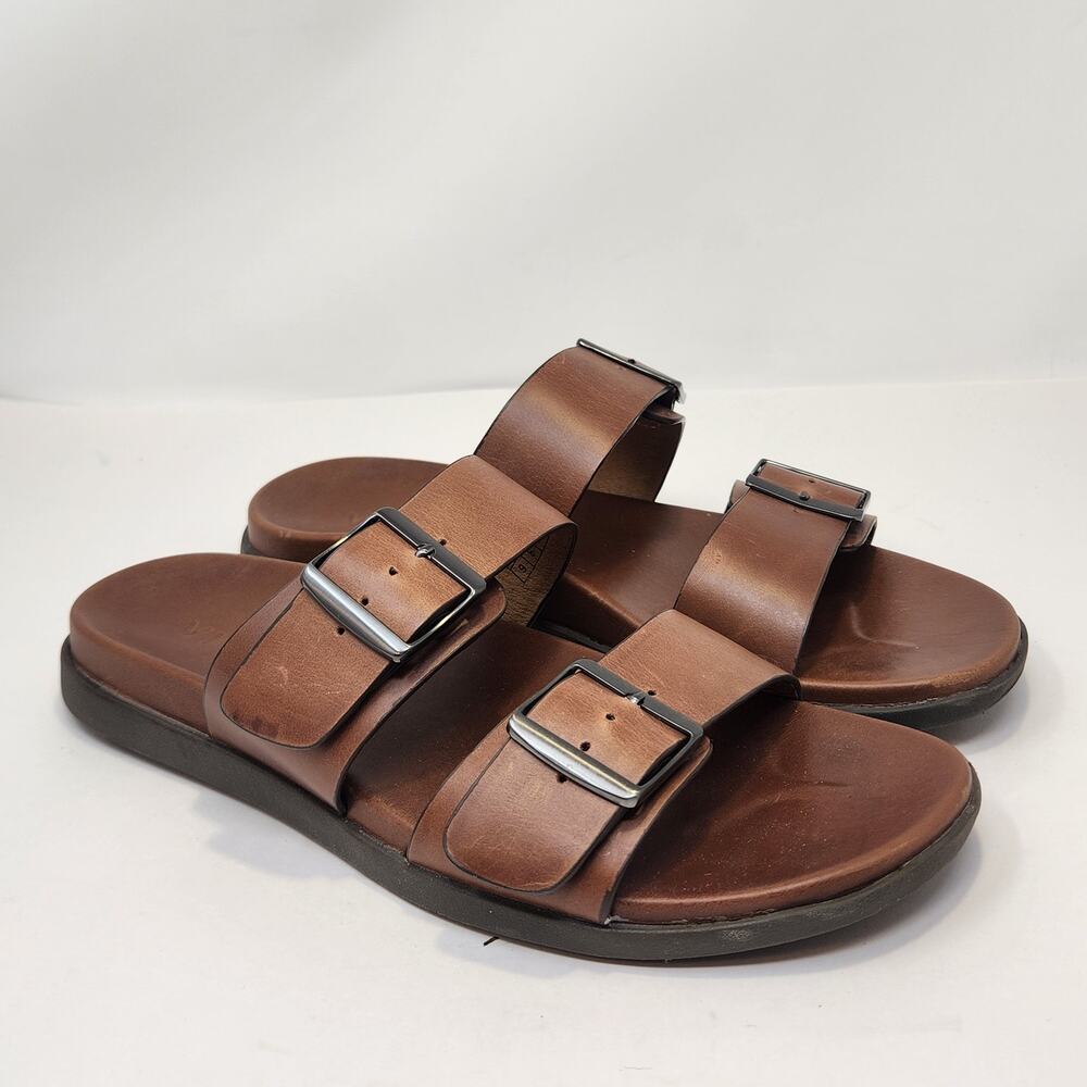 Vionic Charlie Double Strap Slip On Sandals Men Size 9 M Brown Leather Comfort
